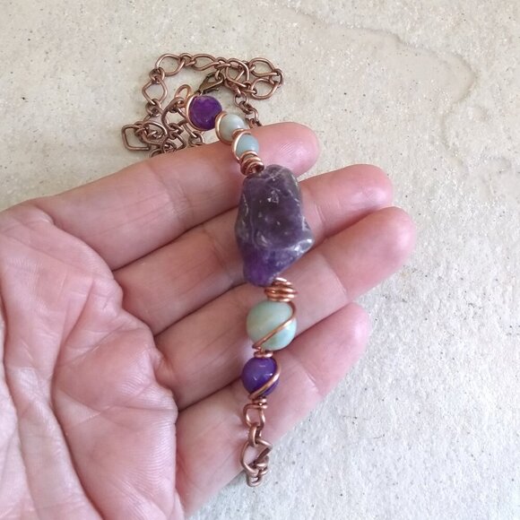 Huge Amethyst + Agate + Amazonite Beads & Copper! Handmade Asymmetrical Choker! - Picture 5 of 10